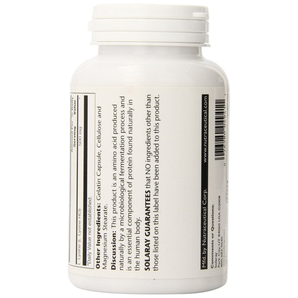 SOLARAY L-Lysine 500mg | Amino Acid | Healthy Cognitive, Immune System & GI Function, Bones, Joints & Skin Support | 120 VegCaps