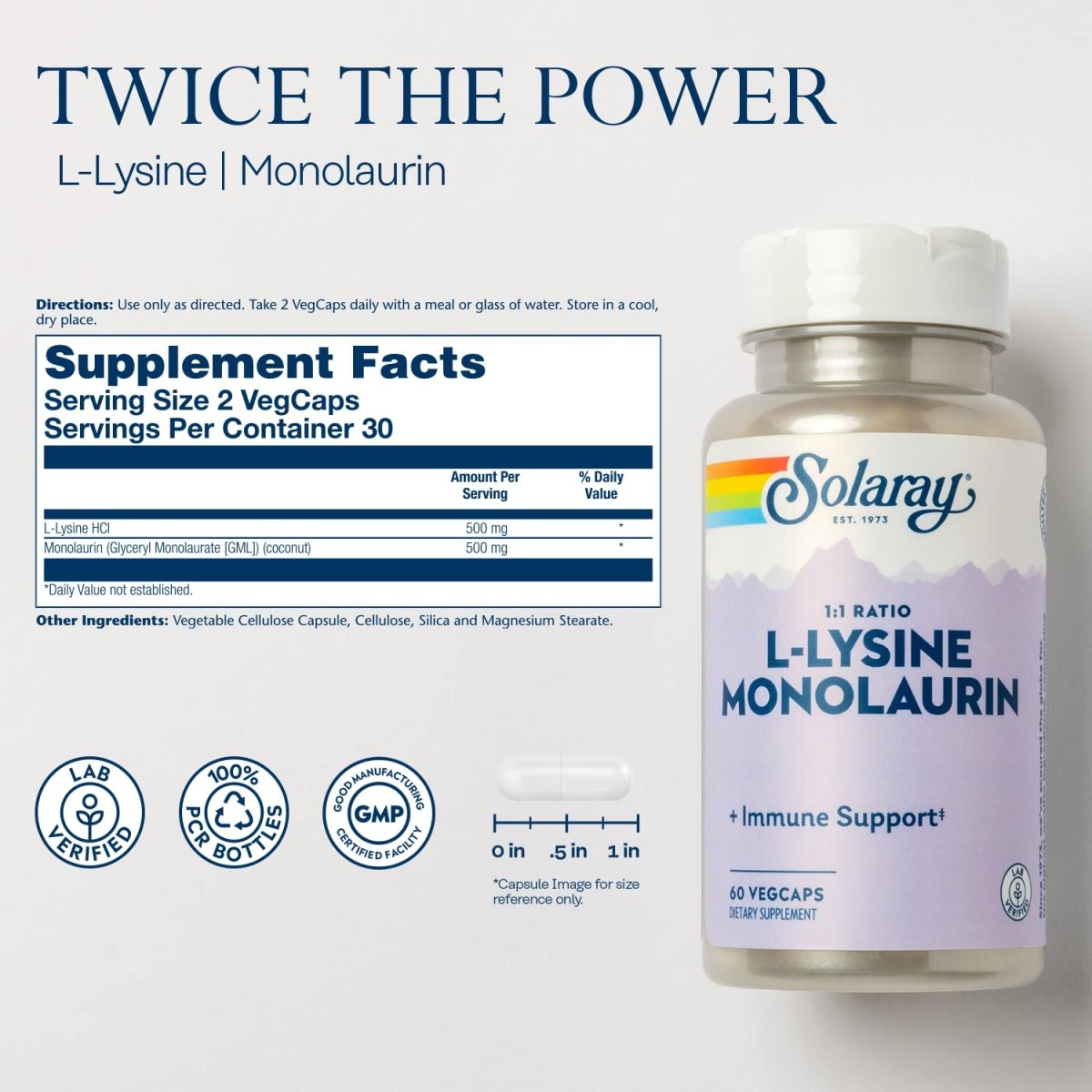 Solaray L-Lysine Monolaurin Immune Support - Powerful Formula for Optimal Immune System Function - 60 VegCaps