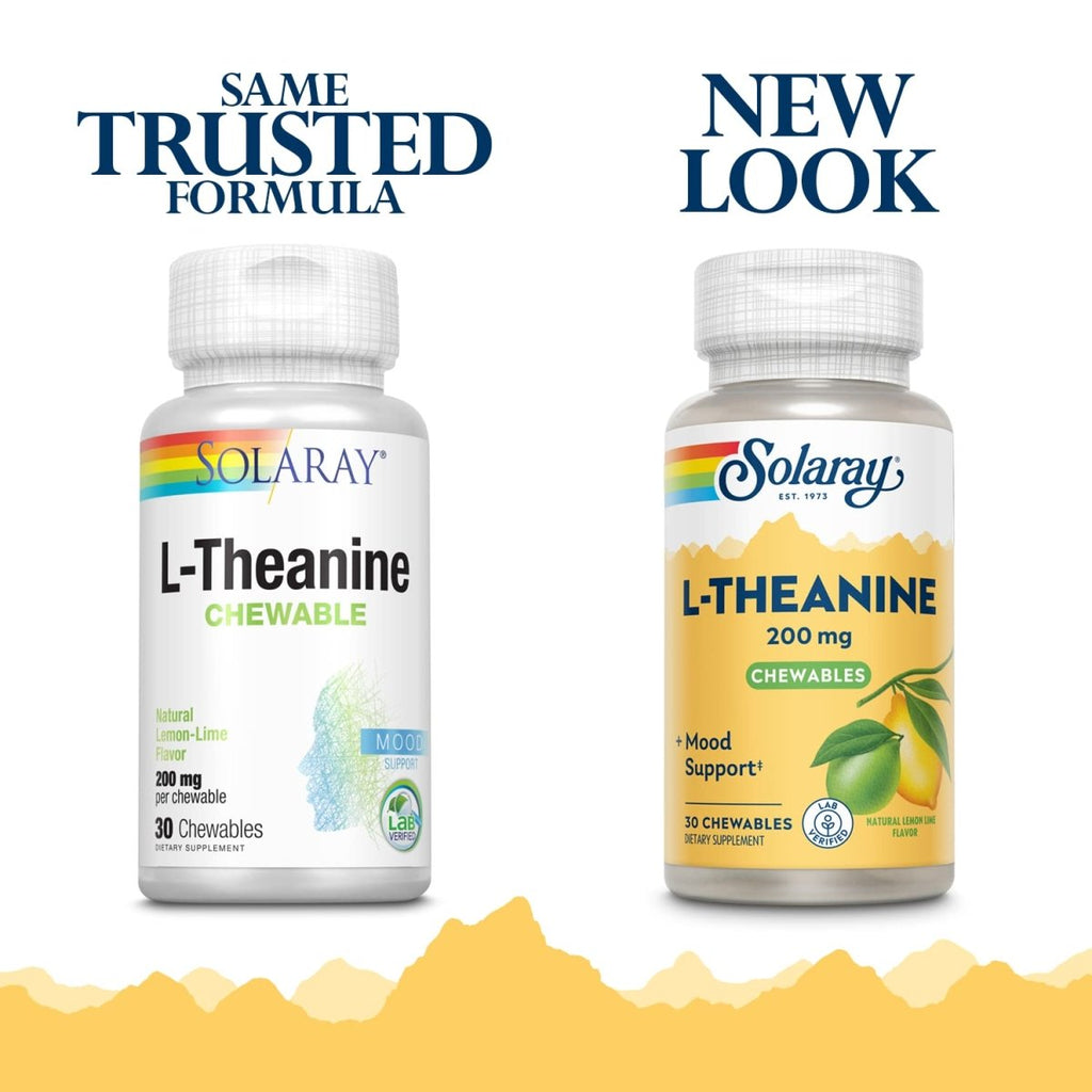 SOLARAY L Theanine 200mg, Healthy Mood Support and Focus Supplement with Vitamin B-6, Sugar Free Natural Lemon Lime Flavor, Lab Verified, 60-Day Guarantee, 30 Servings, 30 L Theanine Chewables