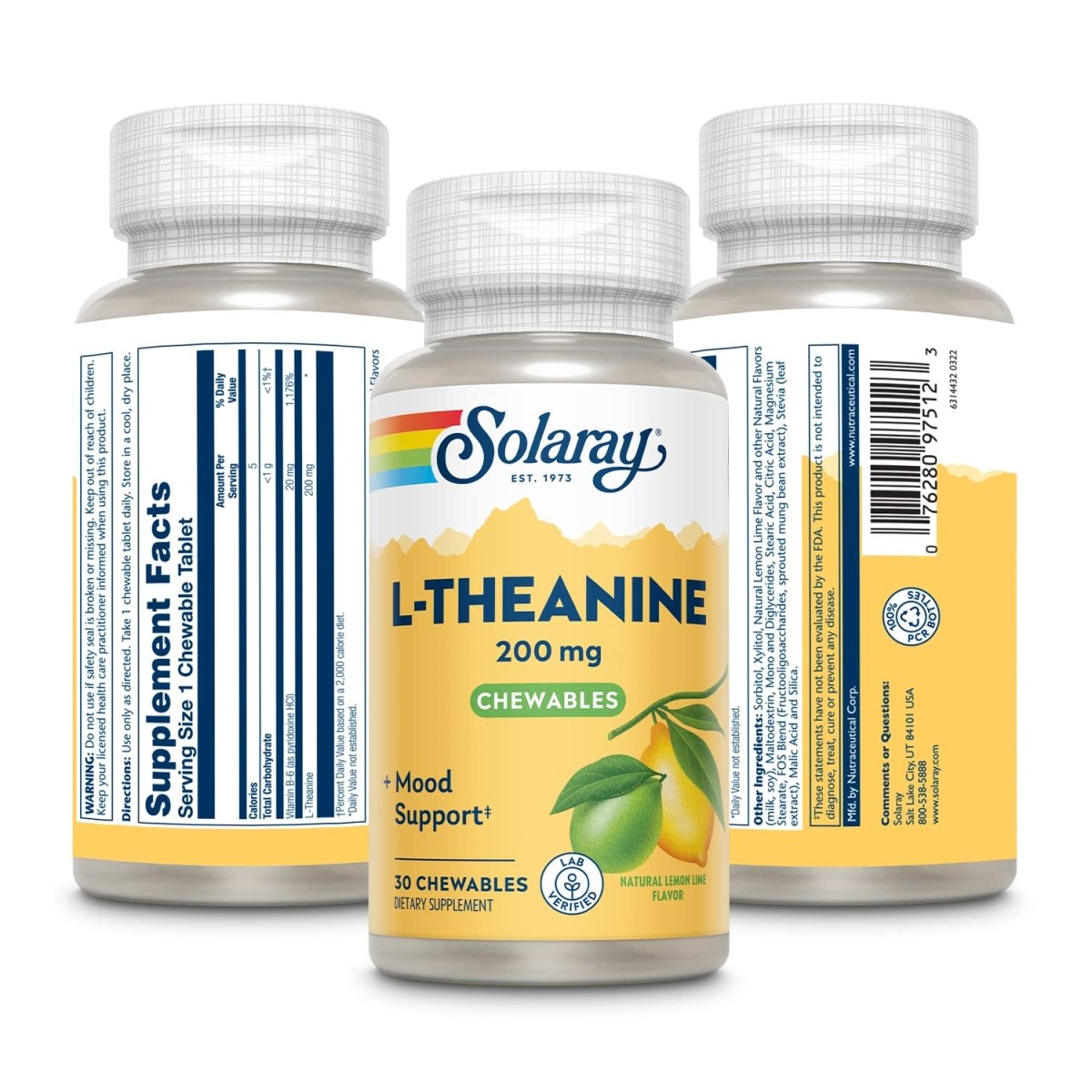 SOLARAY L Theanine 200mg, Healthy Mood Support and Focus Supplement with Vitamin B-6, Sugar Free Natural Lemon Lime Flavor, Lab Verified, 60-Day Guarantee, 30 Servings, 30 L Theanine Chewables