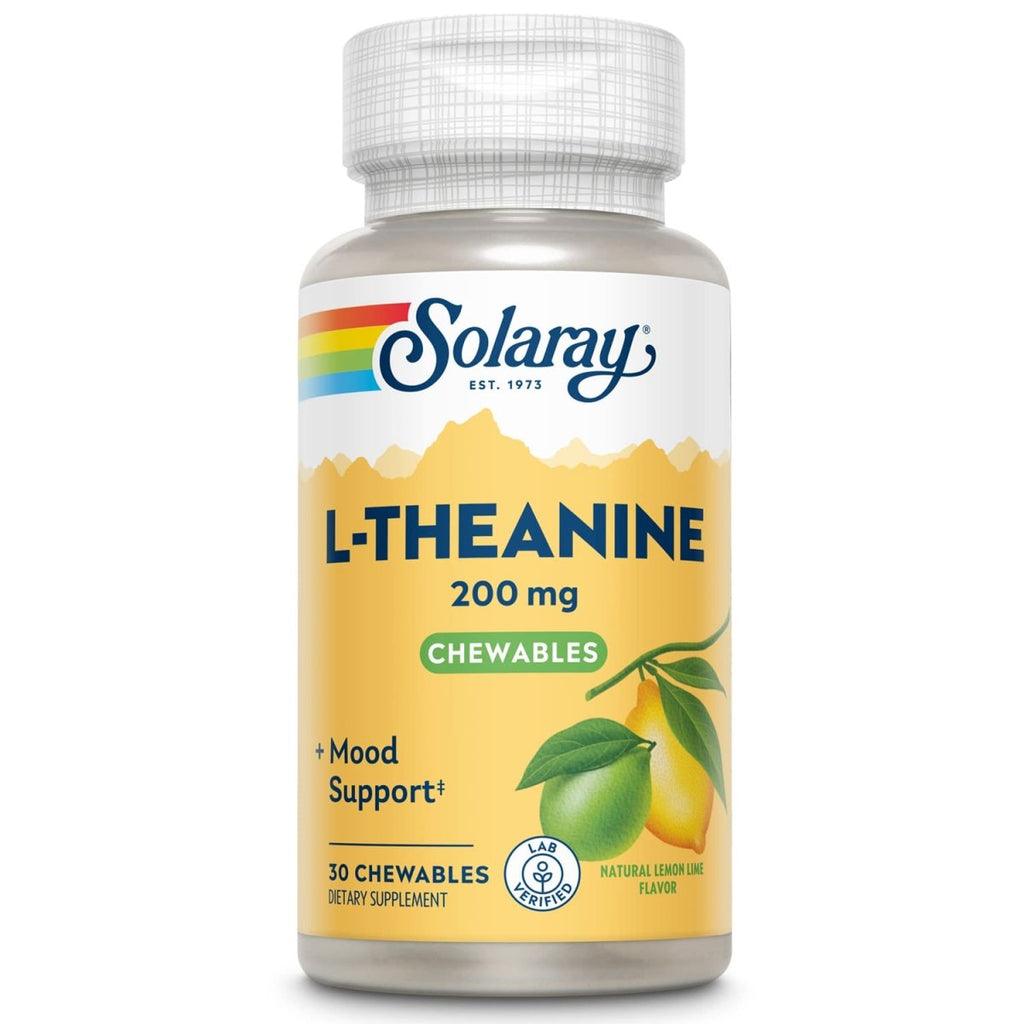 SOLARAY L Theanine 200mg, Healthy Mood Support and Focus Supplement with Vitamin B-6, Sugar Free Natural Lemon Lime Flavor, Lab Verified, 60-Day Guarantee, 30 Servings, 30 L Theanine Chewables