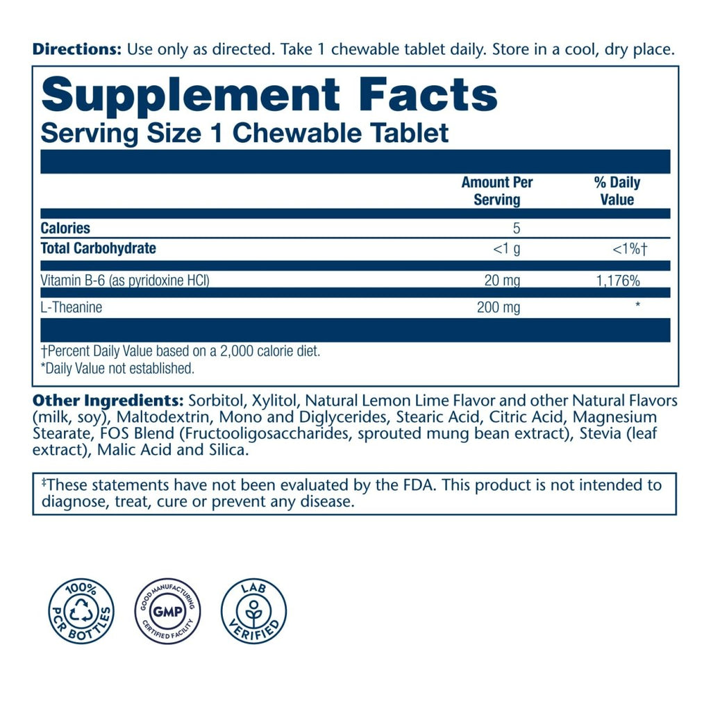 SOLARAY L Theanine 200mg, Healthy Mood Support and Focus Supplement with Vitamin B-6, Sugar Free Natural Lemon Lime Flavor, Lab Verified, 60-Day Guarantee, 30 Servings, 30 L Theanine Chewables