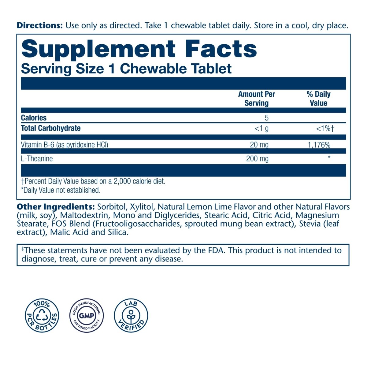SOLARAY L Theanine 200mg, Healthy Mood Support and Focus Supplement with Vitamin B-6, Sugar Free Natural Lemon Lime Flavor, Lab Verified, 60-Day Guarantee, 30 Servings, 30 L Theanine Chewables