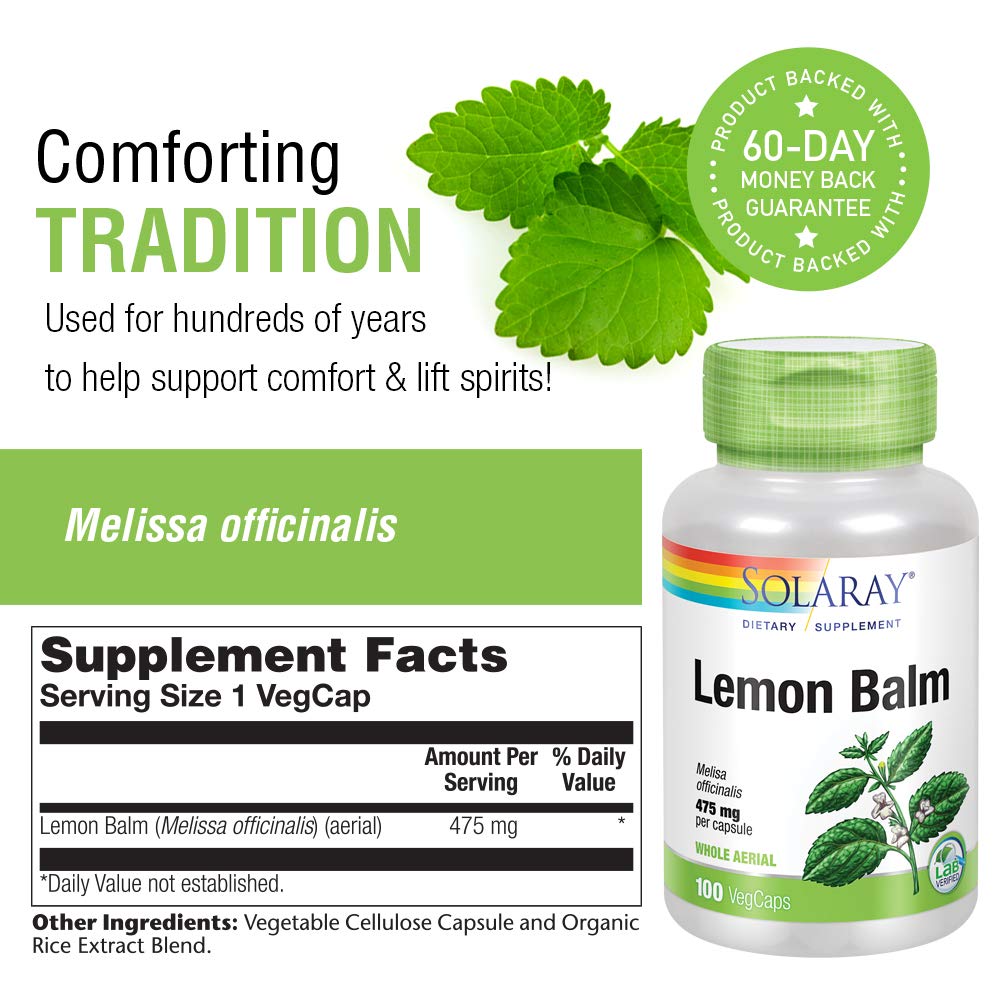 SOLARAY Lemon Balm Aerial 475mg | Healthy Mental Calm & Relaxation and Rest Support | Whole Aerial for Full Nutrient Profile | Non-GMO, Vegan | 100 CT