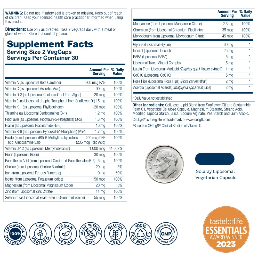 SOLARAY Liposomal Multivitamin for Men & Women, High Potency, Enhanced Absorption Vitamin C, Vitamin D, Biotin, Methyl B-12, Odor Neutral & Gentle Digestion, 30 Servings, 60 VegCaps