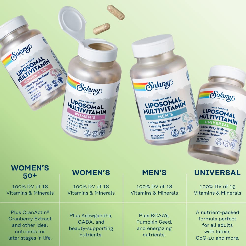 SOLARAY Liposomal Multivitamin for Men & Women, High Potency, Enhanced Absorption Vitamin C, Vitamin D, Biotin, Methyl B-12, Odor Neutral & Gentle Digestion, 30 Servings, 60 VegCaps