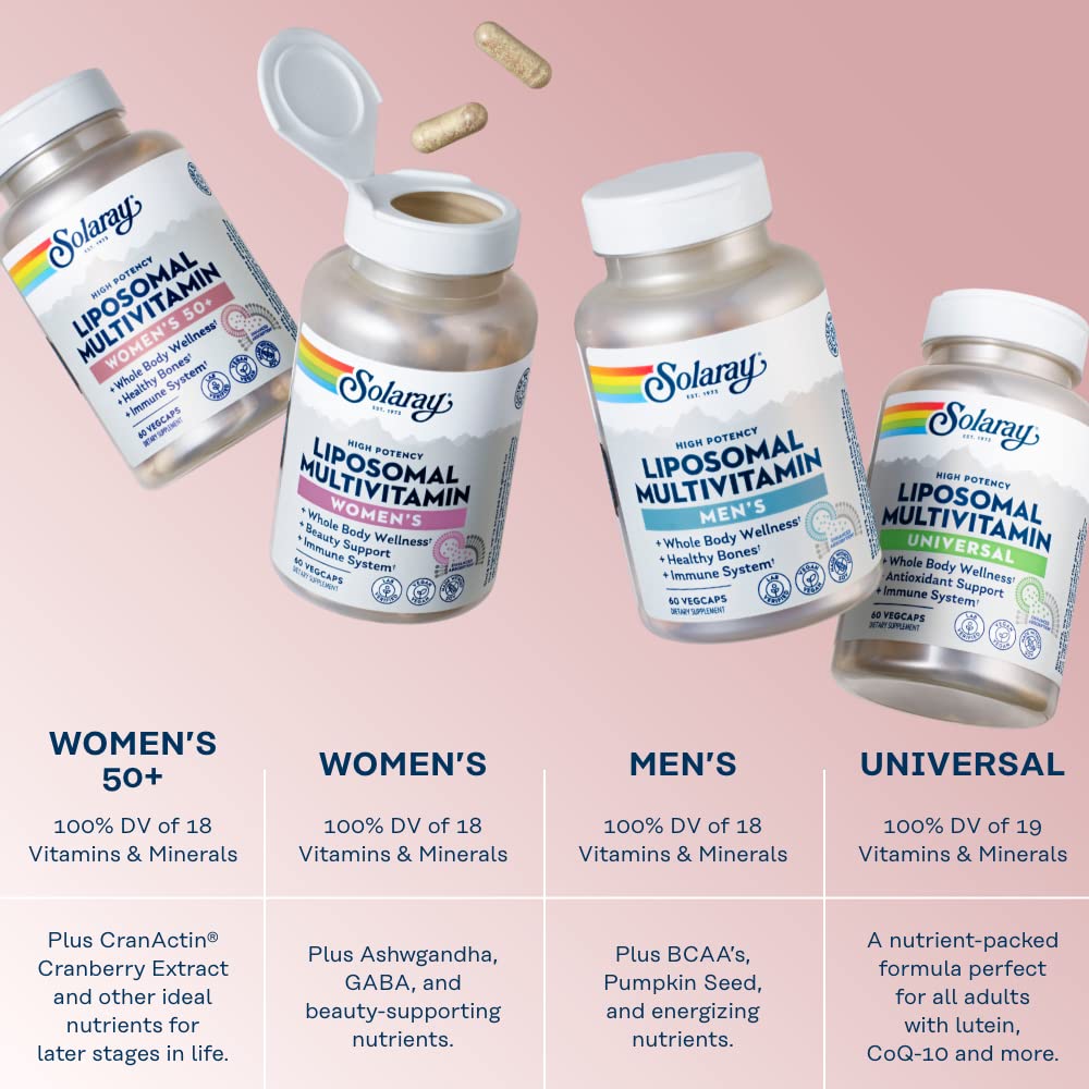 Solaray Liposomal Multivitamin for Women 50 Plus, Enhanced Absorption with Iron, Vitamin D, Vitamin C, B12, Biotin & More, Immune Support & Bone Health, Vegan, 30 Servings, 60 VegCaps
