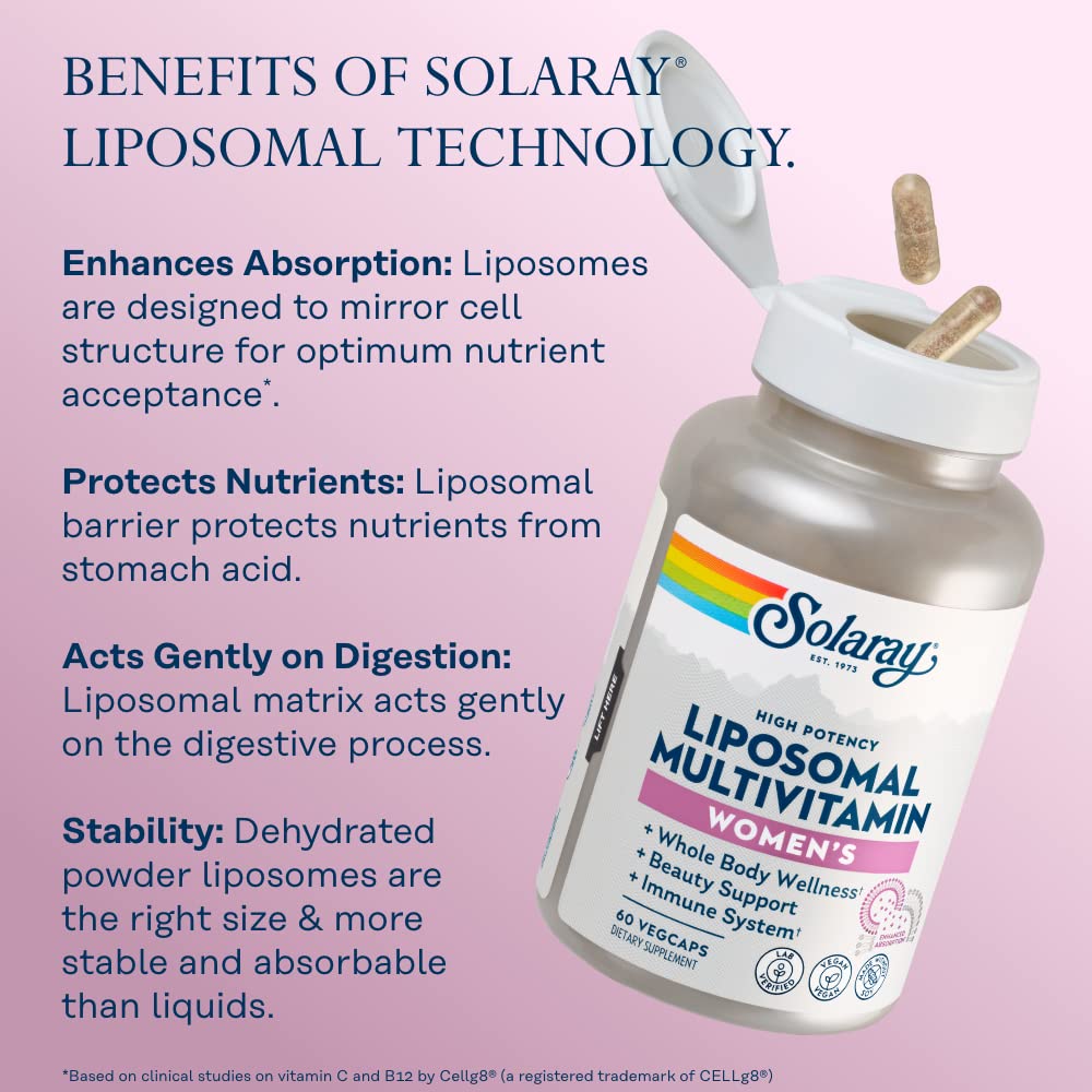 SOLARAY Liposomal Multivitamin for Women, Enhanced Absorption, High Potency w/Iron, Vitamin D, Vitamin C, B12, Biotin, CoQ10, Immune Support, Bone Health, Vegan, 60 Servings, 120 VegCaps