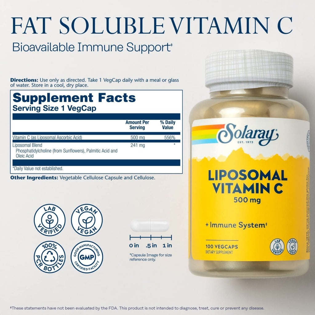 Solaray Liposomal Vitamin C 500 mg Healthy Immune System, Collagen Synthesis & Antioxidant Support Buffered w/Fatty Acids 100 VegCaps