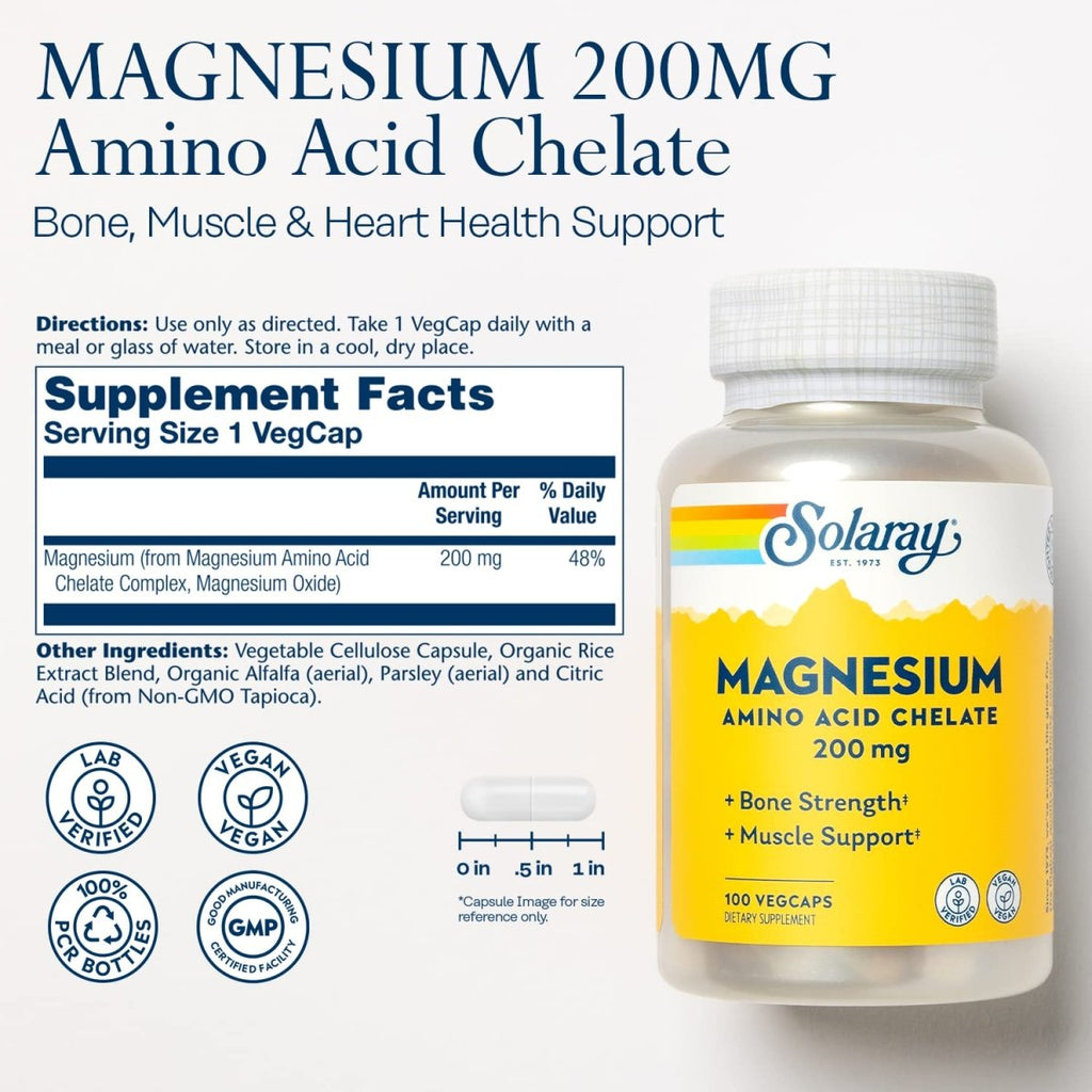 Solaray Magnesium Amino Acid Chelate 200 mg, Chelated Magnesium Supplement for Bone Health, Heart Health and Muscle Function Support, Vegan, 60-Day Money Back Guarantee, 100 Servings, 100 VegCaps