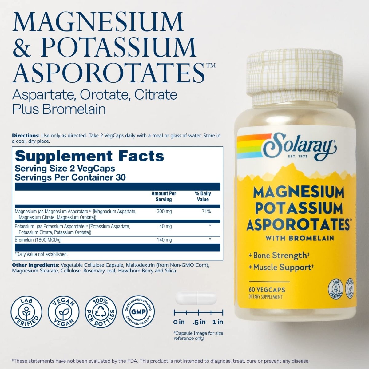 Solaray Magnesium and Potassium Asporotates w/Bromelain, Healthy Electrolyte, Muscle, Heart & Cellular Support, 60 VegCaps