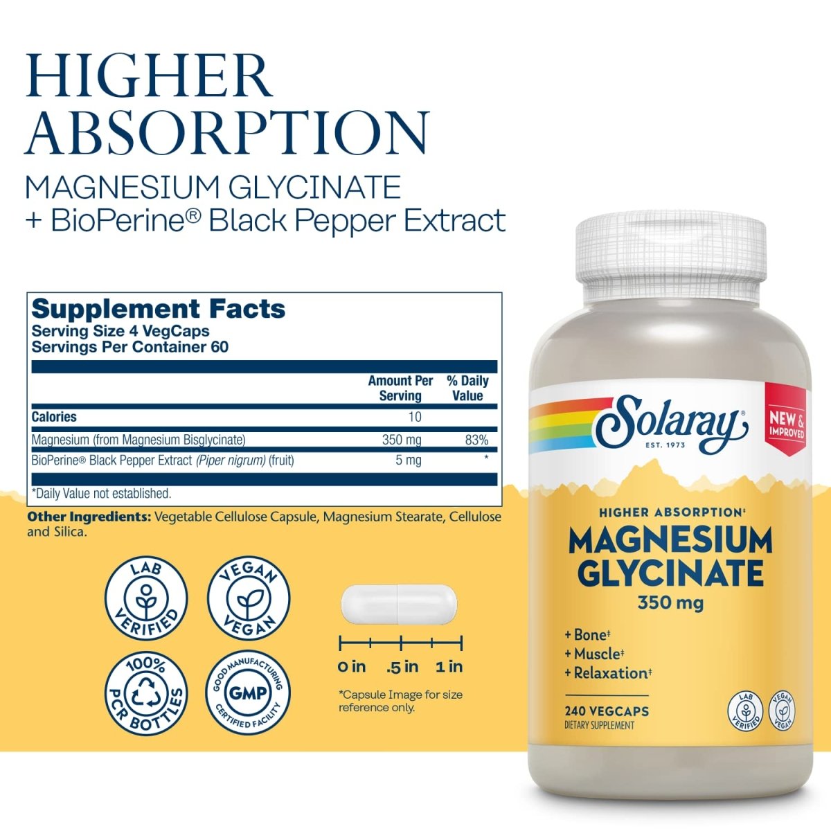 Solaray Magnesium Glycinate, New & Improved Fully Chelated Bisglycinate with BioPerine, High Absorption Formula, Stress, Bones, Muscle & Relaxation Support, 60 Day Guarantee, 60 Servings, 240 VegCaps