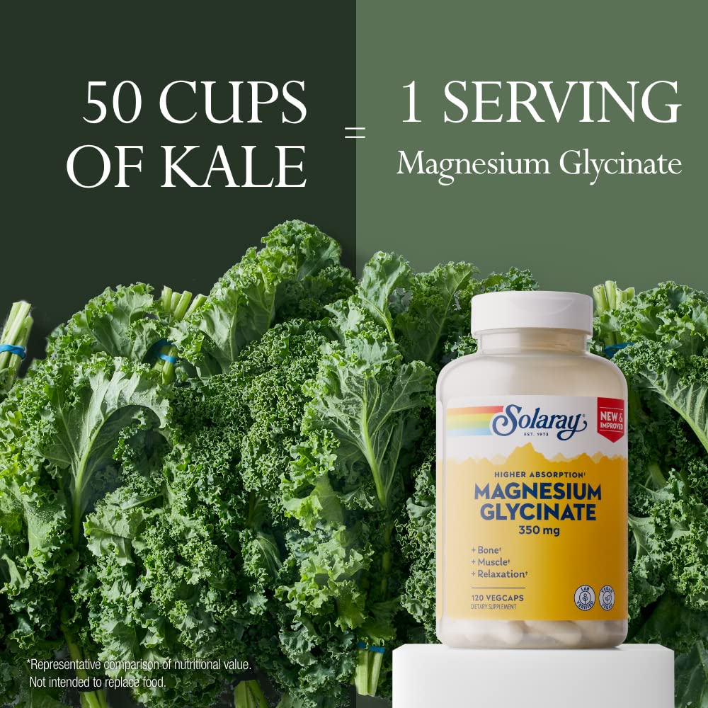 Solaray Magnesium Glycinate, New & Improved Fully Chelated Bisglycinate with BioPerine, High Absorption Formula, Stress, Bones, Muscle & Relaxation Support, 60 Day Guarantee (30 Servings, 120 VegCaps)
