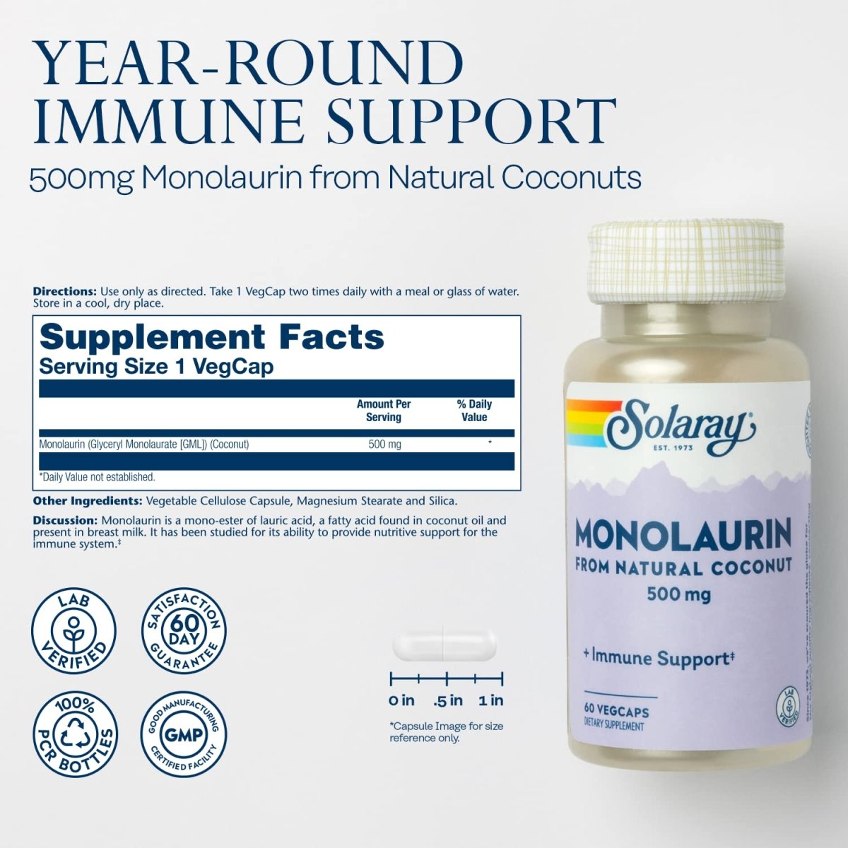 SOLARAY Monolaurin 500mg Immune Support Supplement, from Natural Coconut, Helps Maintain Immune & Gut Health & a Balanced Gut Flora, 60-Day Money Back Guarantee, 60 Servings, 60 VegCaps
