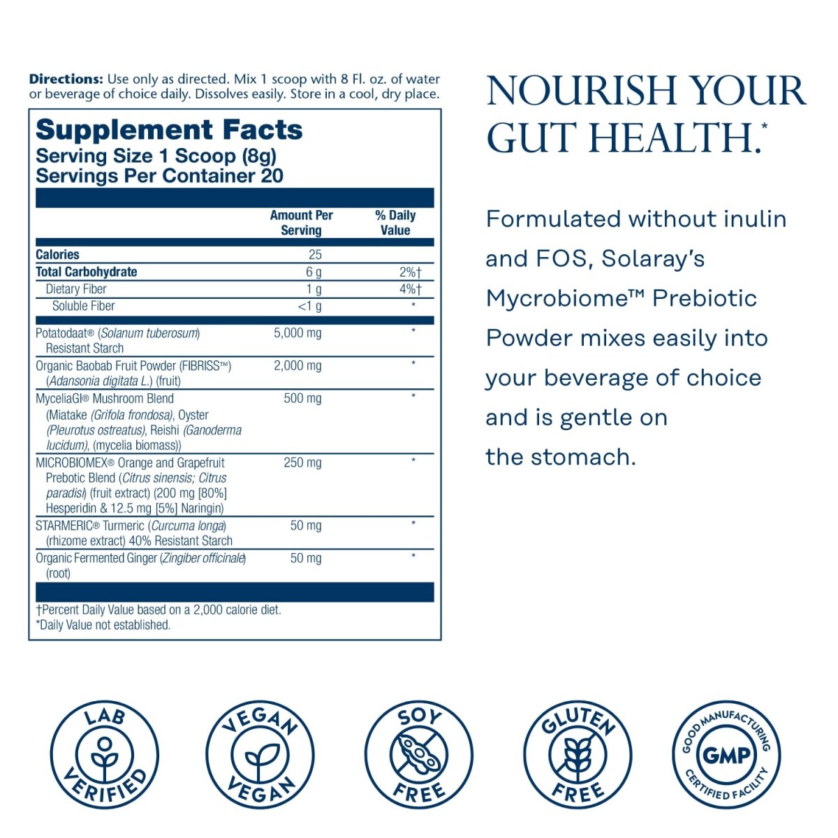 SOLARAY Mycrobiome Prebiotic Powder, Prebiotics for Women and Men, Digestive Nutritional Supplements for Colon and Gut Health, Non-Gritty, Easy-to-Mix, Non-Bloating Formula, 20 Servings, 5.64 OZ