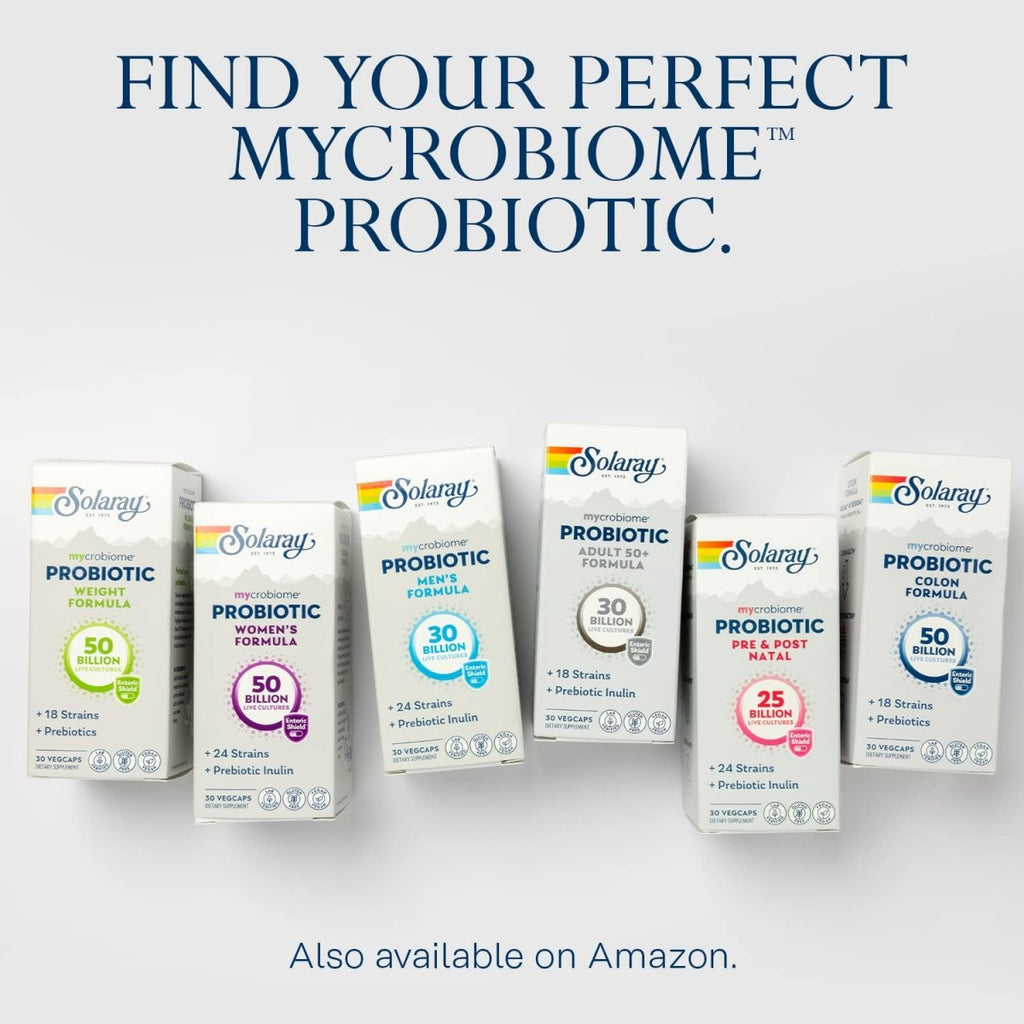 SOLARAY Mycrobiome Probiotic Colon Formula, Vegan, Digestive Function, Colon Health, and Immune System Support, 50 Billion CFU, 18 Strains, Prebiotic Inulin, 60-Day Guarantee, 30 Servings, 30 VegCaps