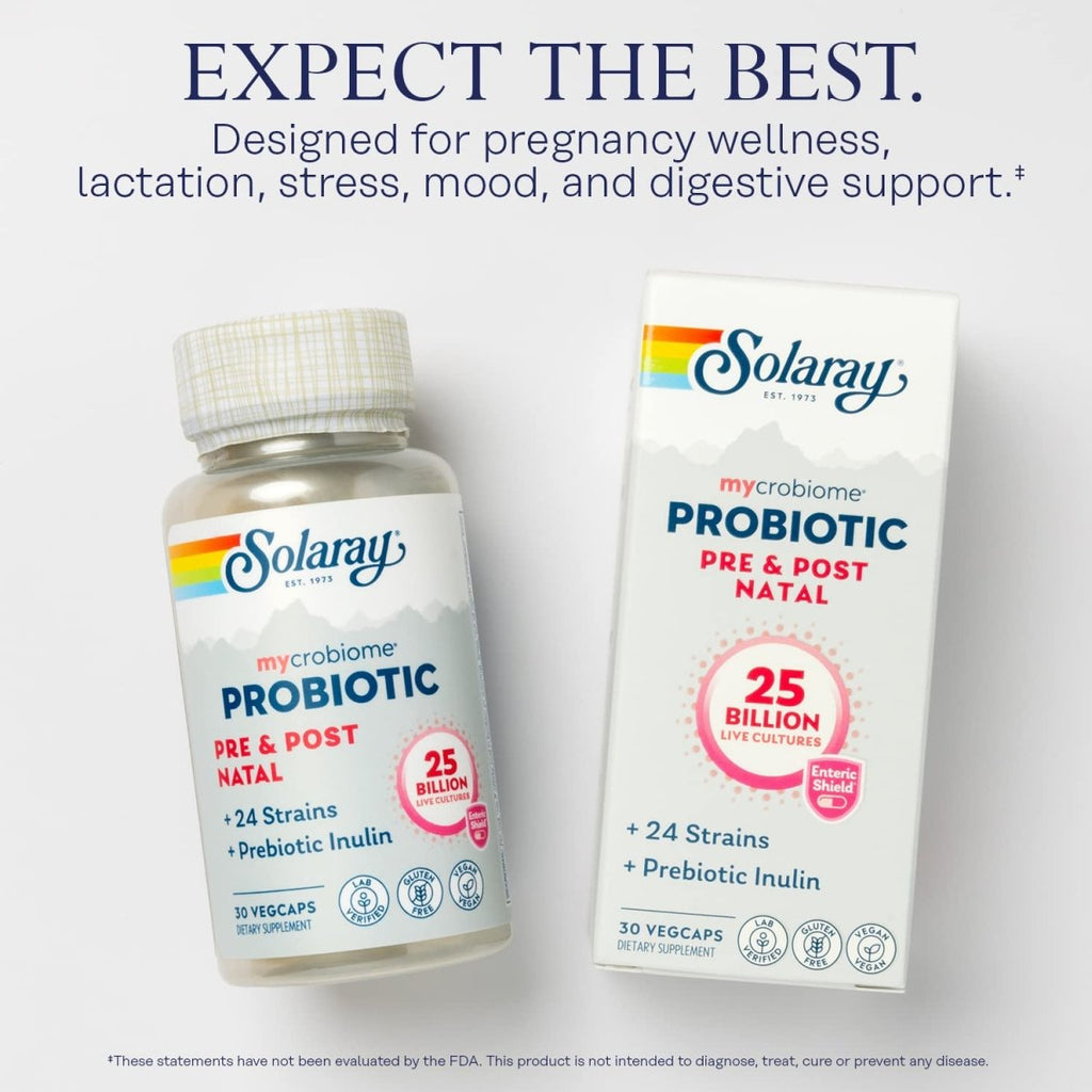 SOLARAY Mycrobiome Probiotic Pre and Post Natal Formula, Prenatal Probiotics for Women, Pregnancy Wellness, Lactation, Stress, Mood, and Digestive Support, 25 Billion CFU, 30 Servings, 30 VegCaps
