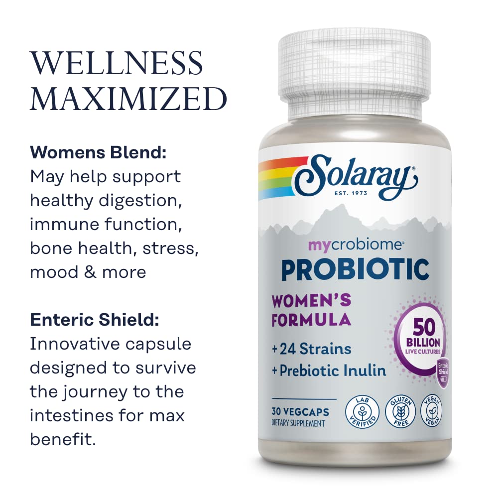 SOLARAY Mycrobiome Probiotic Women?s Formula, 24 Strains Plus Prebiotic Inulin, Specially Formulated for Women, Digestion, Mood & Urinary Tract Support, 50 Billion CFU, 30 Servings, 30 VegCaps