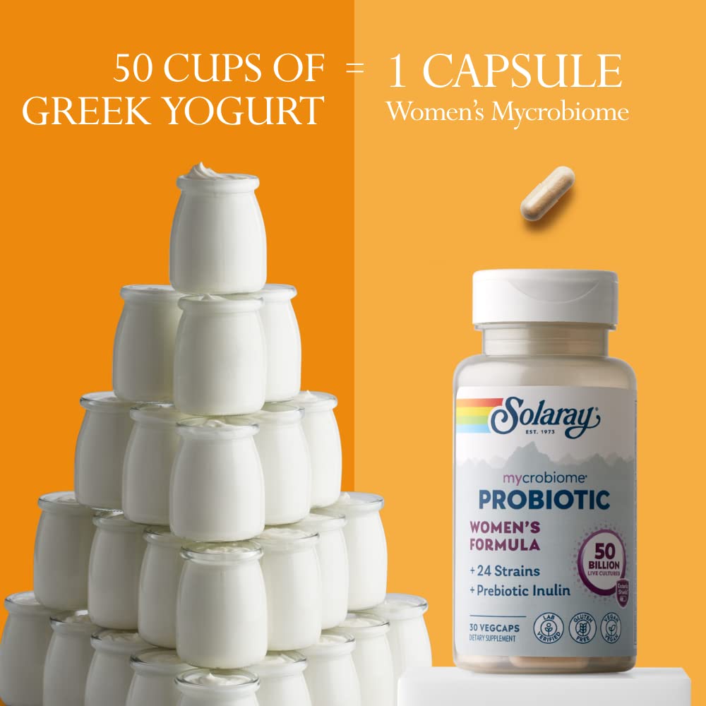 SOLARAY Mycrobiome Probiotic Women?s Formula, 24 Strains Plus Prebiotic Inulin, Specially Formulated for Women, Digestion, Mood & Urinary Tract Support, 50 Billion CFU, 30 Servings, 30 VegCaps