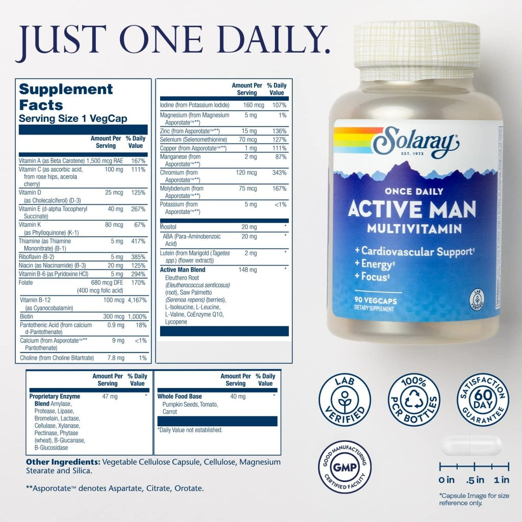 SOLARAY Once Daily Active Man Multivitamin & Mineral, Multivitamin for Cardiovascular, Support, Energy & Focus, Digestive Enzyme Blend, Amino Acids and Whole Food Base, 90 Servings, 90 VegCaps