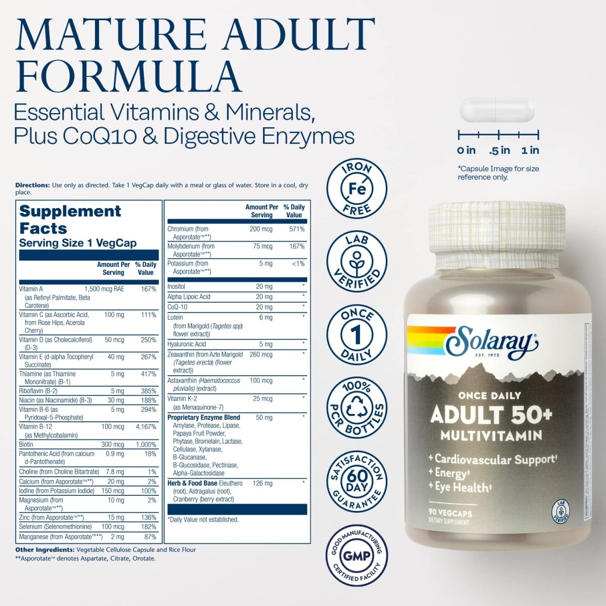 SOLARAY Once Daily Adult 50+ Multivitamin Healthy Energy, Heart & Immune Support for Mature Adults 90 CT