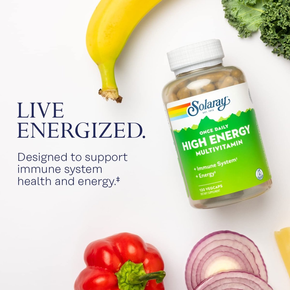 SOLARAY Once Daily High Energy Multivitamin, Immune System and Energy Support, Whole Food and Herb Base Ingredients, Men?s and Women?s Multi Vitamin, 120 Servings, 120 VegCaps