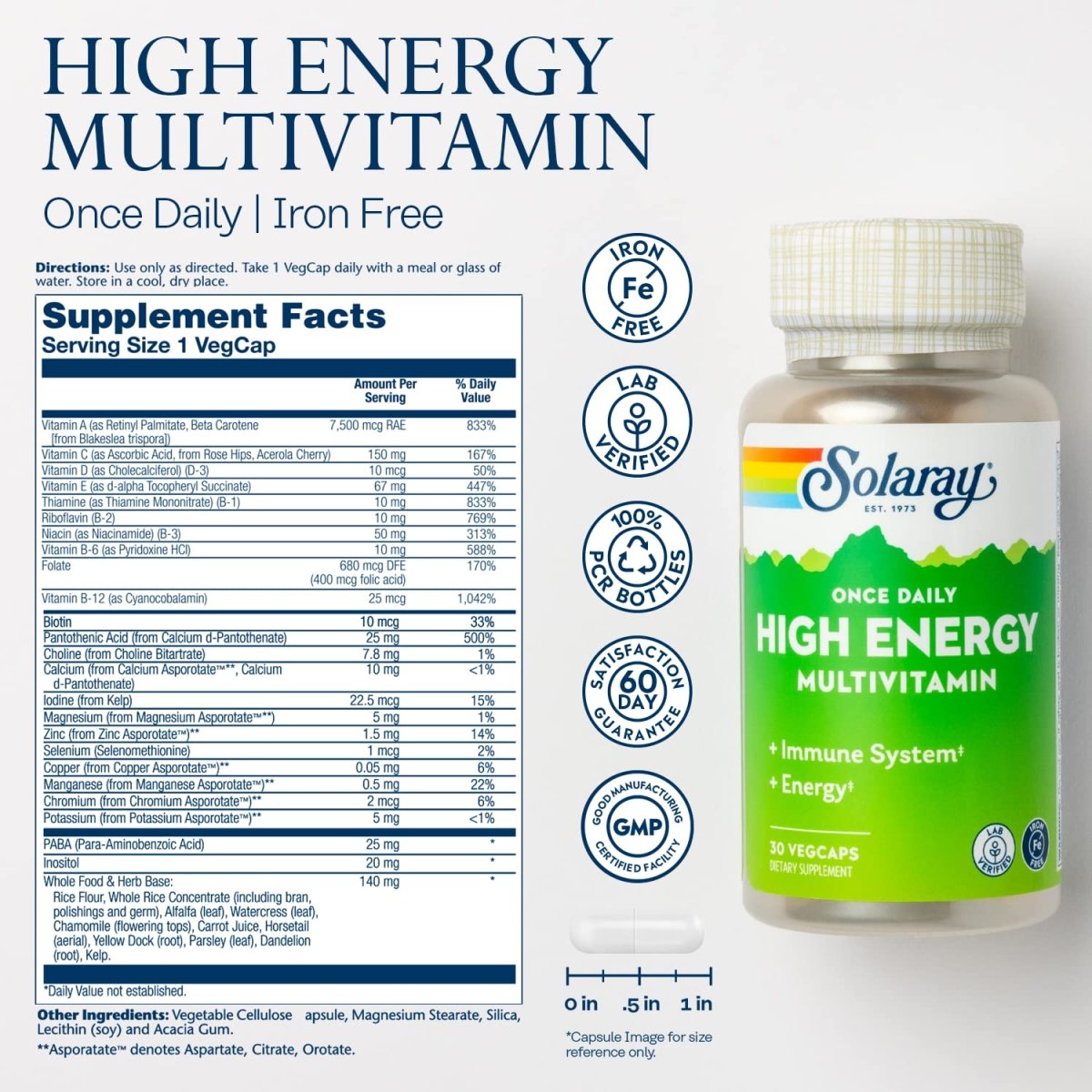 Solaray Once Daily High Energy Multivitamin - Iron Free - 30 VegCaps (30 Servings)