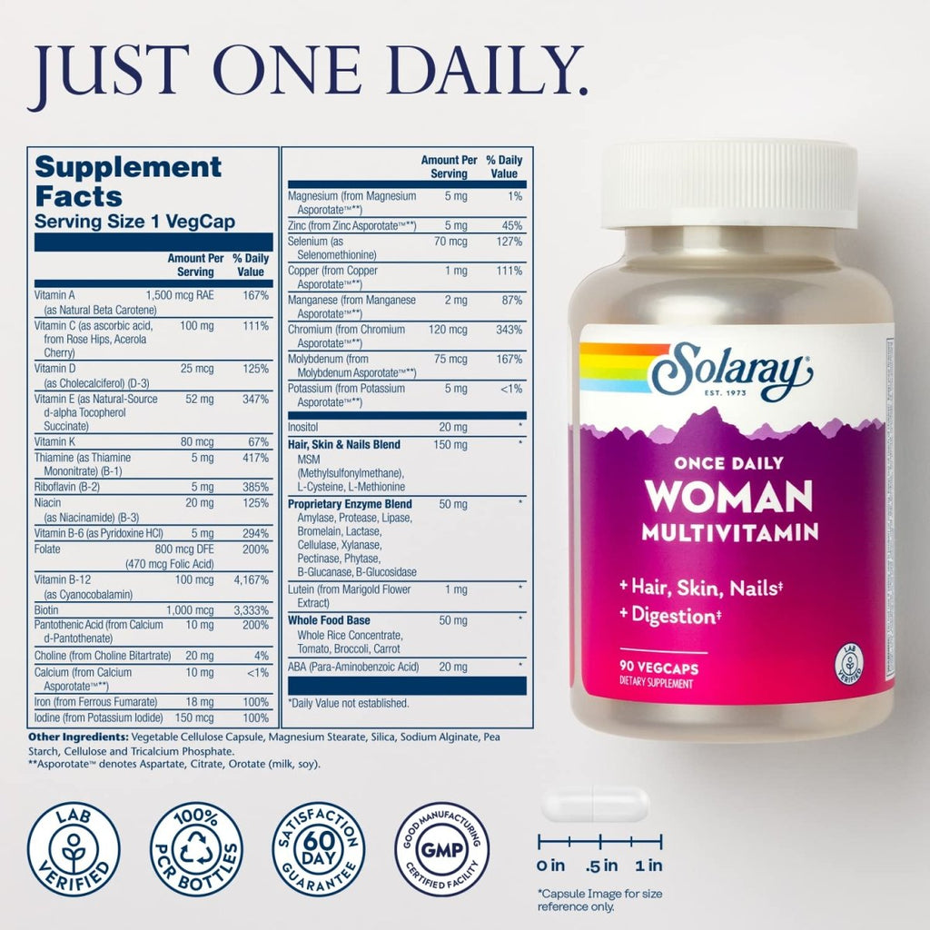 Solaray Once Daily Woman Multivitamin with Iron, Women?s Multivitamin with Hair, Skin & Nails Blend, Enzyme Blend & Whole Food Base, Healthy Energy, Immune & Digestion Support, 90 Servings, 90 VegCaps