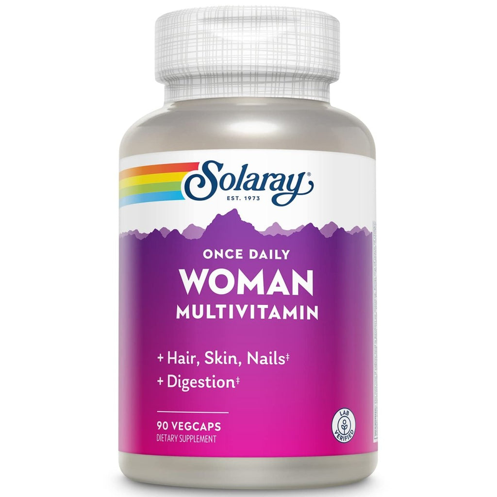 Solaray Once Daily Woman Multivitamin with Iron, Women?s Multivitamin with Hair, Skin & Nails Blend, Enzyme Blend & Whole Food Base, Healthy Energy, Immune & Digestion Support, 90 Servings, 90 VegCaps