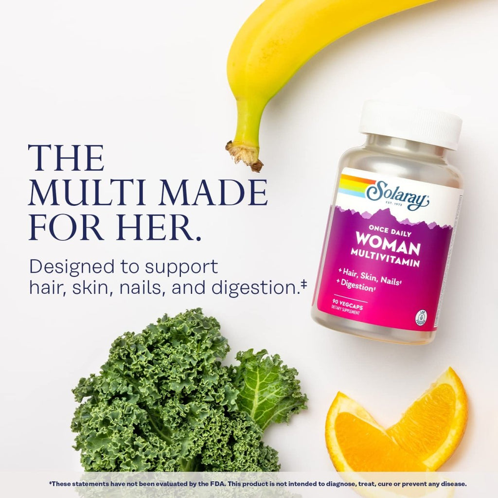 Solaray Once Daily Woman Multivitamin with Iron, Women?s Multivitamin with Hair, Skin & Nails Blend, Enzyme Blend & Whole Food Base, Healthy Energy, Immune & Digestion Support, 90 Servings, 90 VegCaps