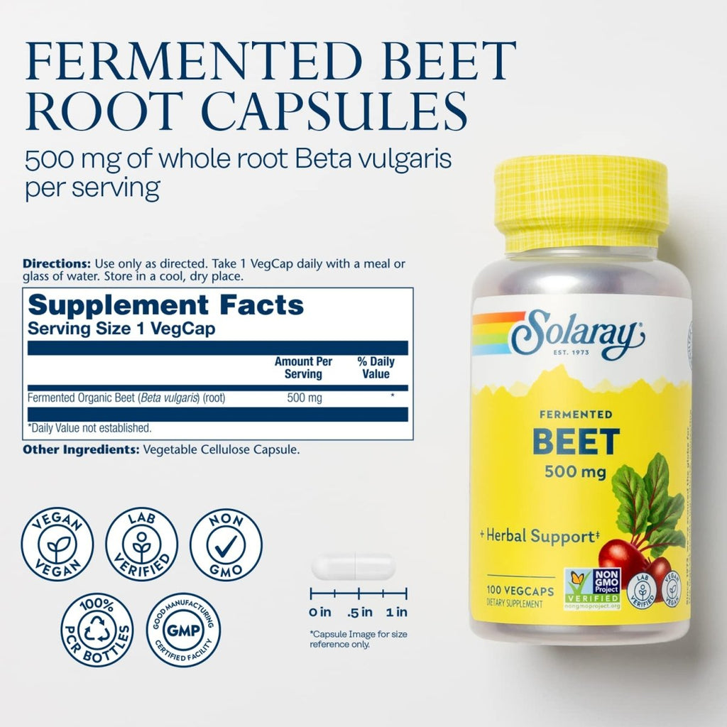 Solaray Organically Grown Fermented Beet Root Root Organic, Veg Cap (Btl-Plastic) 500mg 100ct