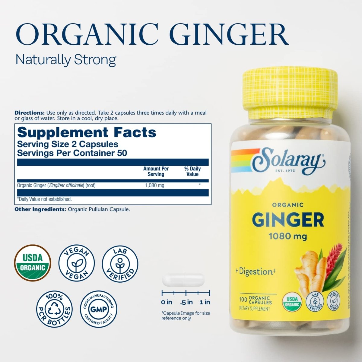SOLARAY Organically Grown Ginger Root 540mg Healthy Cardiovascular, Digestive, Joint & Menstrual Cycle Support Vegan & Non-GMO 100 VegCaps