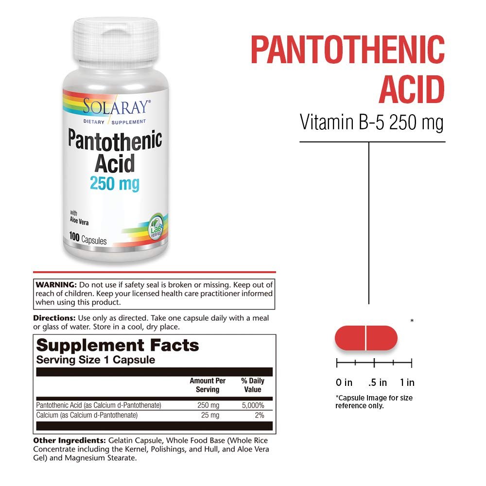 SOLARAY Pantothenic Acid 250mg - 100CT | Vitamin B5 for Energy Metabolism, Hair, Skin, Nails & Digestive Support