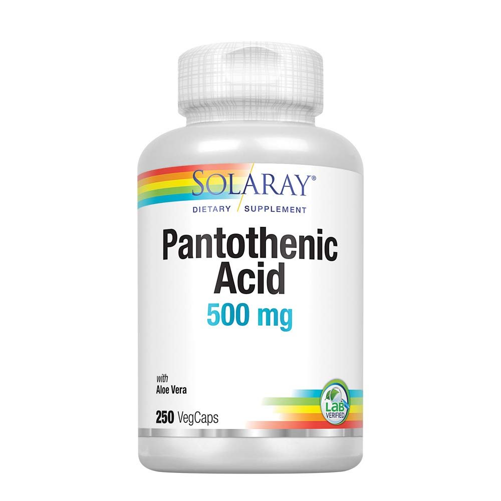 SOLARAY Pantothenic Acid 500mg Vitamin B-5 for Coenzyme-A Production & Energy Metabolism for Hair, Skin, Nails & Digestive Support 250 VegCaps
