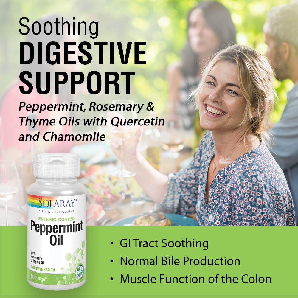 Solaray Peppermint Oil Enteric Coated w/Rosemary & Thyme Oil | Healthy, Soothing Digestion Support | 60 Softgels