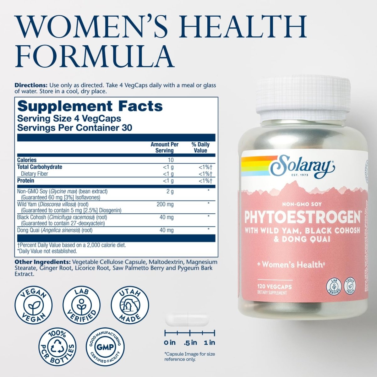 Solaray PhytoEstrogen Menopause Support | Wild Yam, Black Cohosh & Dong Quai for Womens Health (30 Serv, 120 VegCaps)