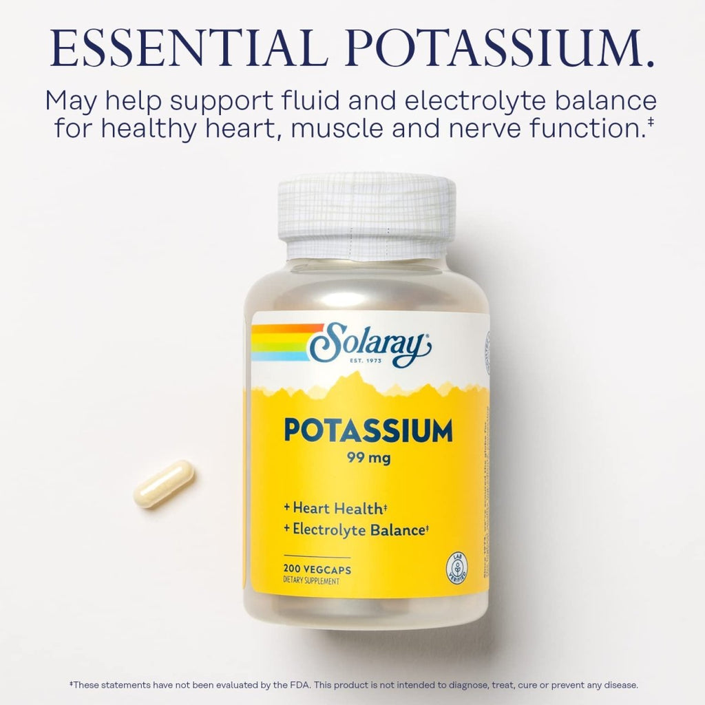 Solaray Potassium 99mg - Essential Mineral for Fluid & Electrolyte Balance - Heart, Nerve & Muscle Support - 200 Capsules