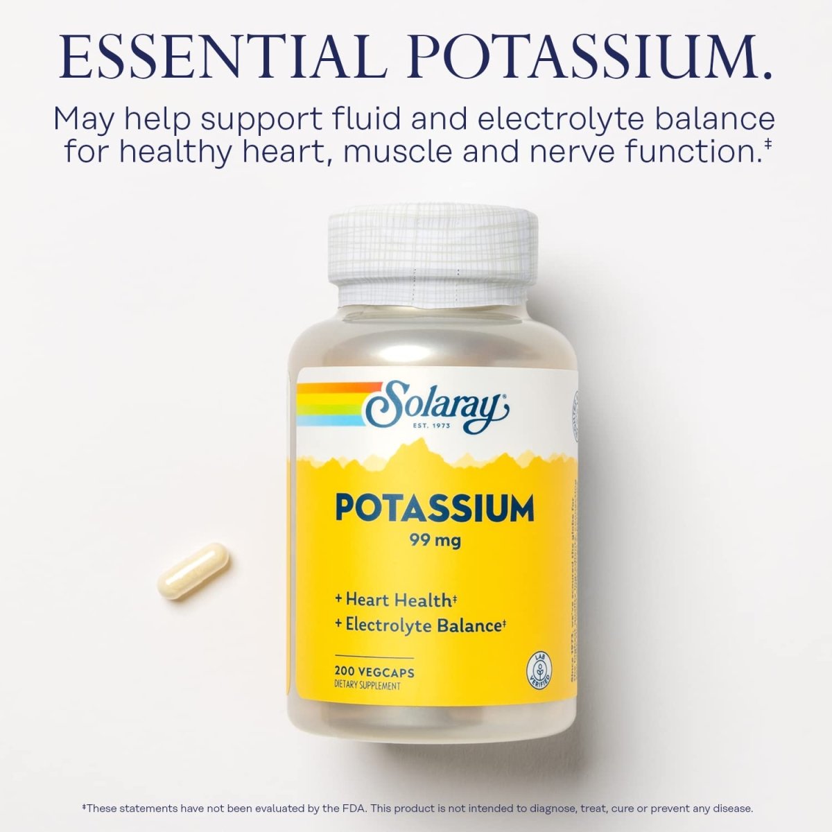 Solaray Potassium 99mg - Essential Mineral for Fluid & Electrolyte Balance - Heart, Nerve & Muscle Support - 200 Capsules