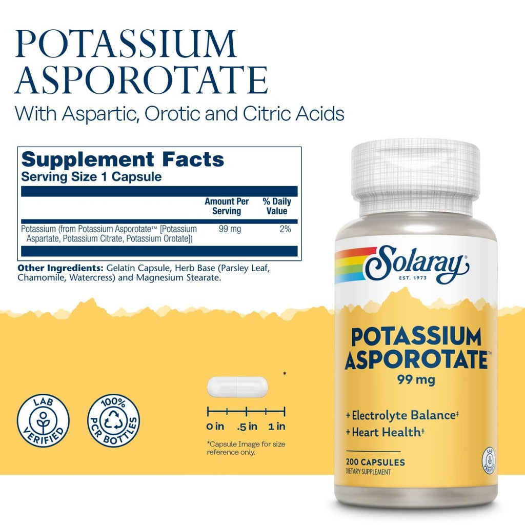 Solaray Potassium Asporotate - Essential Mineral for Electrolyte Balance and Muscle Function - 200 Count  04661