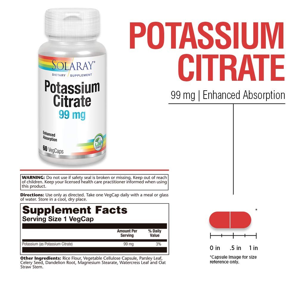 Solaray Potassium Citrate, Healthy Electrolyte Balance, Nerve & Muscle Function Support, Vegan, 60 VegCaps