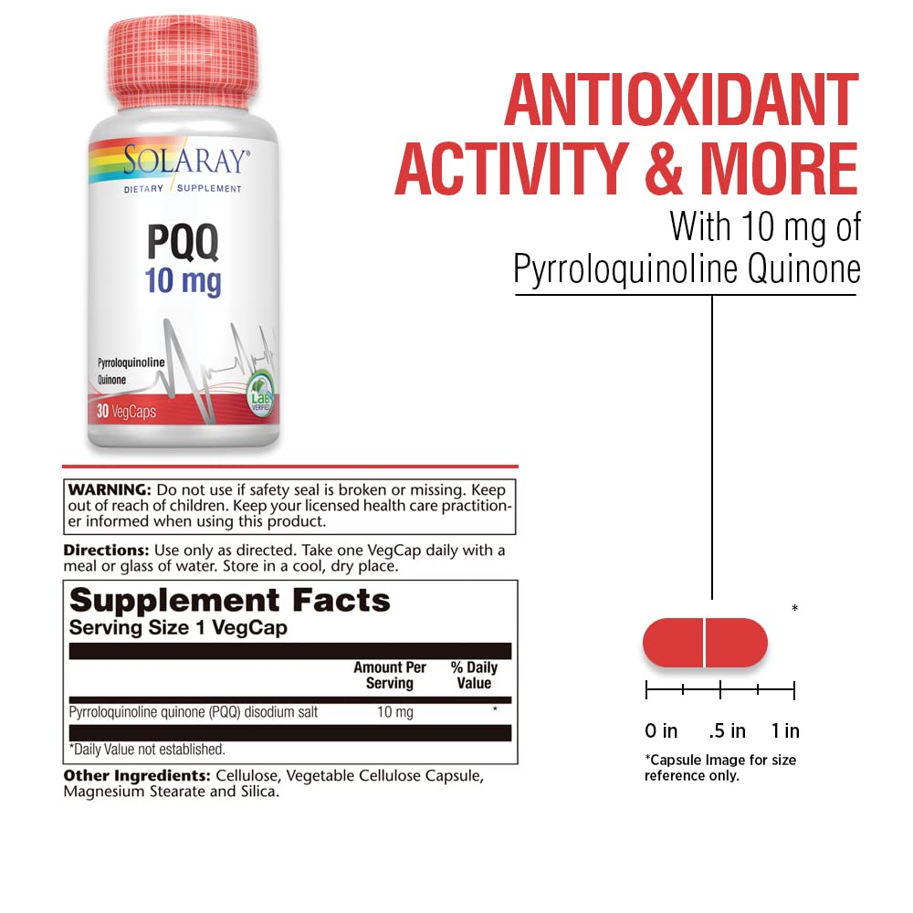 SOLARAY PQQ 10 mg, Pyrroloquinoline Quinone Supplement, Cellular, Heart & Cognitive Function Support, 30 VegCaps