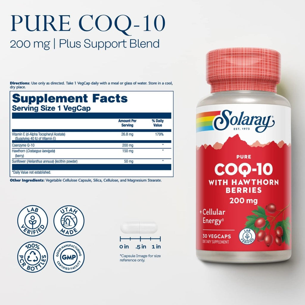 SOLARAY Pure CoQ-10 200 mg | Healthy Heart Function & Cellular Energy Support | Enhanced with Herb Blend | 30 VegCaps   26169
