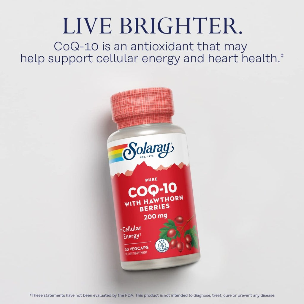 SOLARAY Pure CoQ-10 200 mg | Healthy Heart Function & Cellular Energy Support | Enhanced with Herb Blend | 30 VegCaps   26169