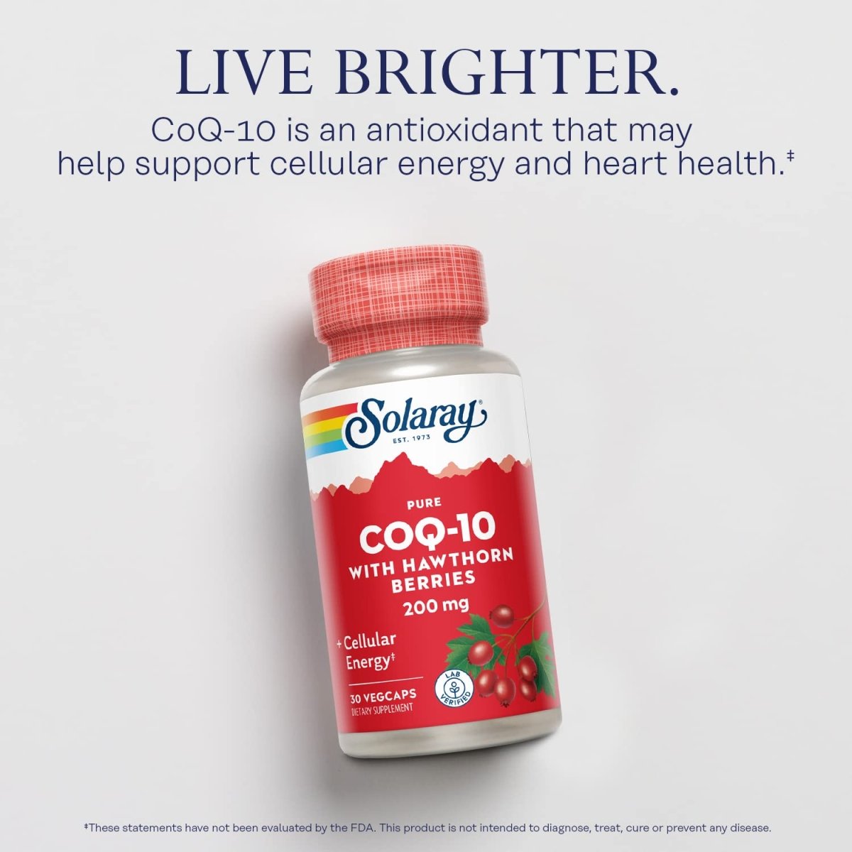 SOLARAY Pure CoQ-10 200 mg | Healthy Heart Function & Cellular Energy Support | Enhanced with Herb Blend | 30 VegCaps   26169
