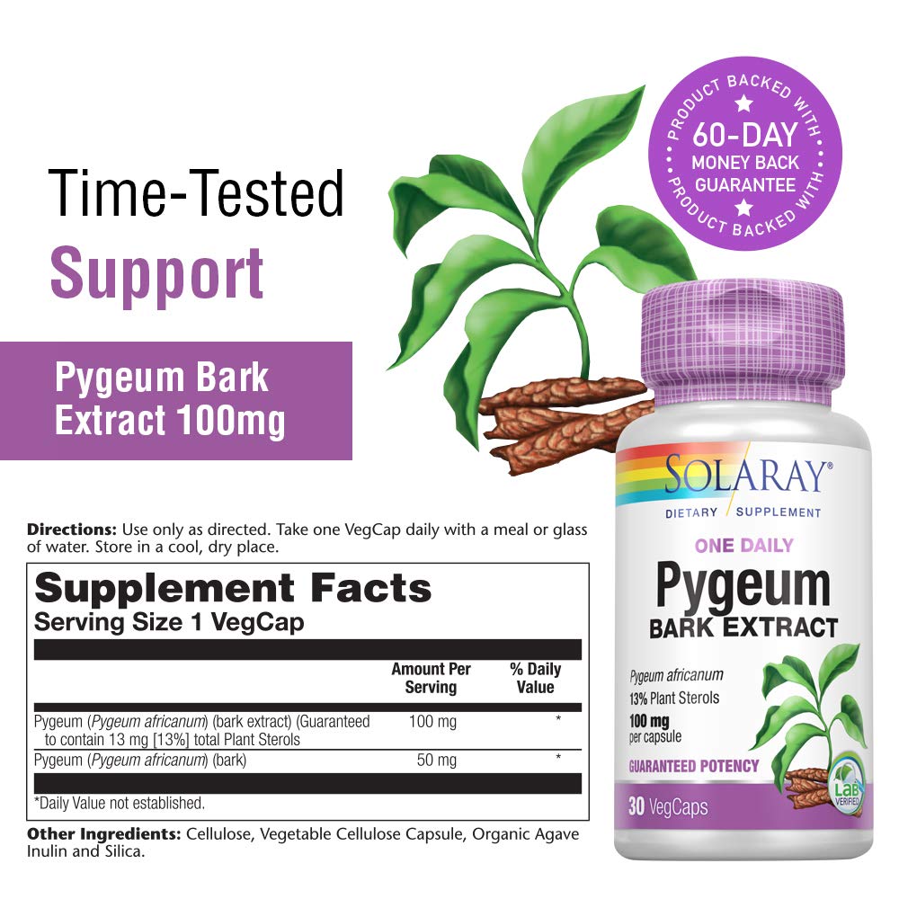 SOLARAY Pygeum Bark Extract, One Daily Pygeum 100mg, Pygeum Extract for Healthy Prostate Support, Guaranteed to Contain 13 mg Total Plant Sterols, Vegan, 60-Day Guarantee, 30 Servings, 30 VegCaps