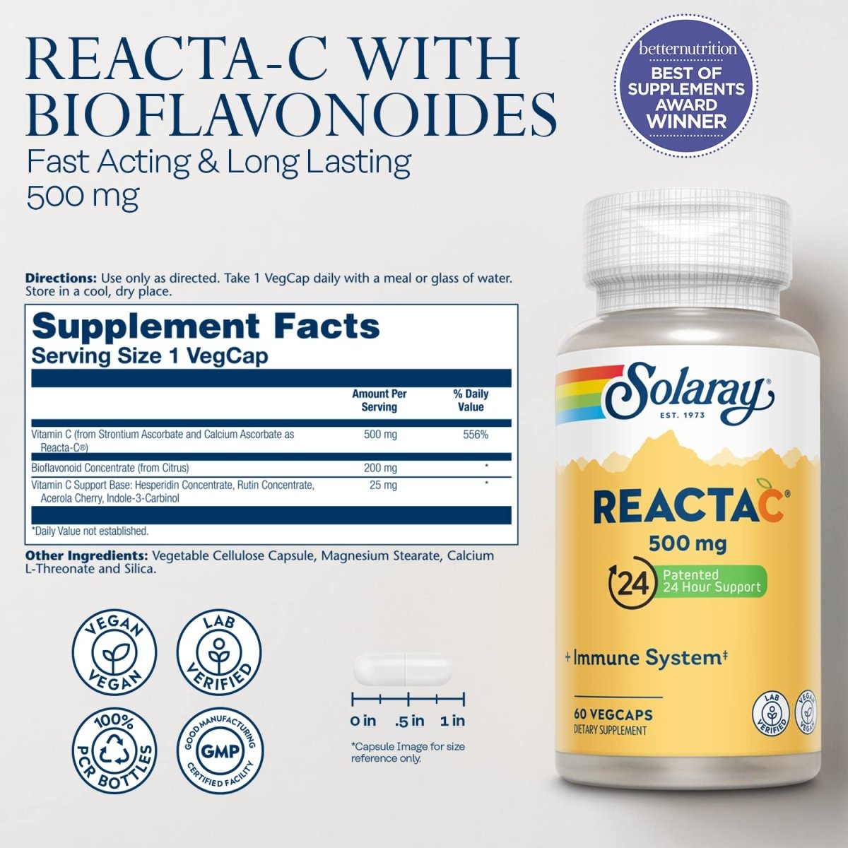 SOLARAY Reacta-C & Bioflavonoids - Vitamin C with Enhanced Absorption - 60 Veg Capsules
