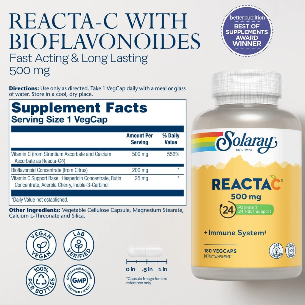 SOLARAY Reacta C with Bioflav Vitamin Capsules, 500 mg 180 Count