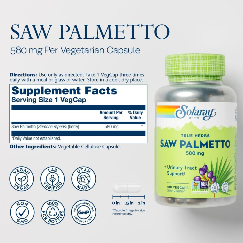 SOLARAY Saw Palmetto Berry 580 mg - 180 VegCaps - Healthy Prostate and Urinary Tract Support for Men and Women