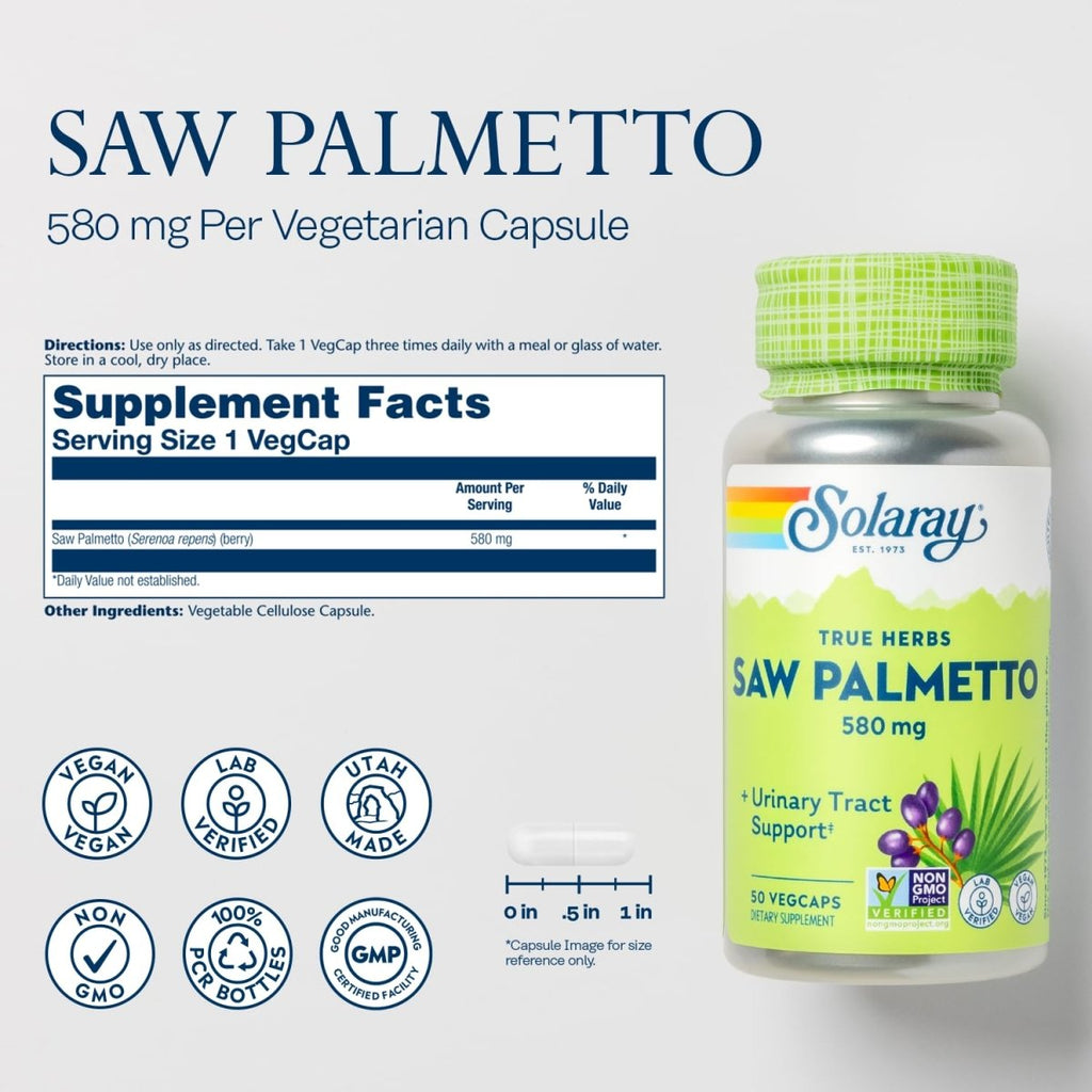 SOLARAY Saw Palmetto Berry 580 mg, Healthy Prostate and Urinary Tract Support from Fatty Acids & Plant Sterols for Men and Women, Non-GMO, Vegan & Lab Verified, 50 VegCaps, 50 Servings
