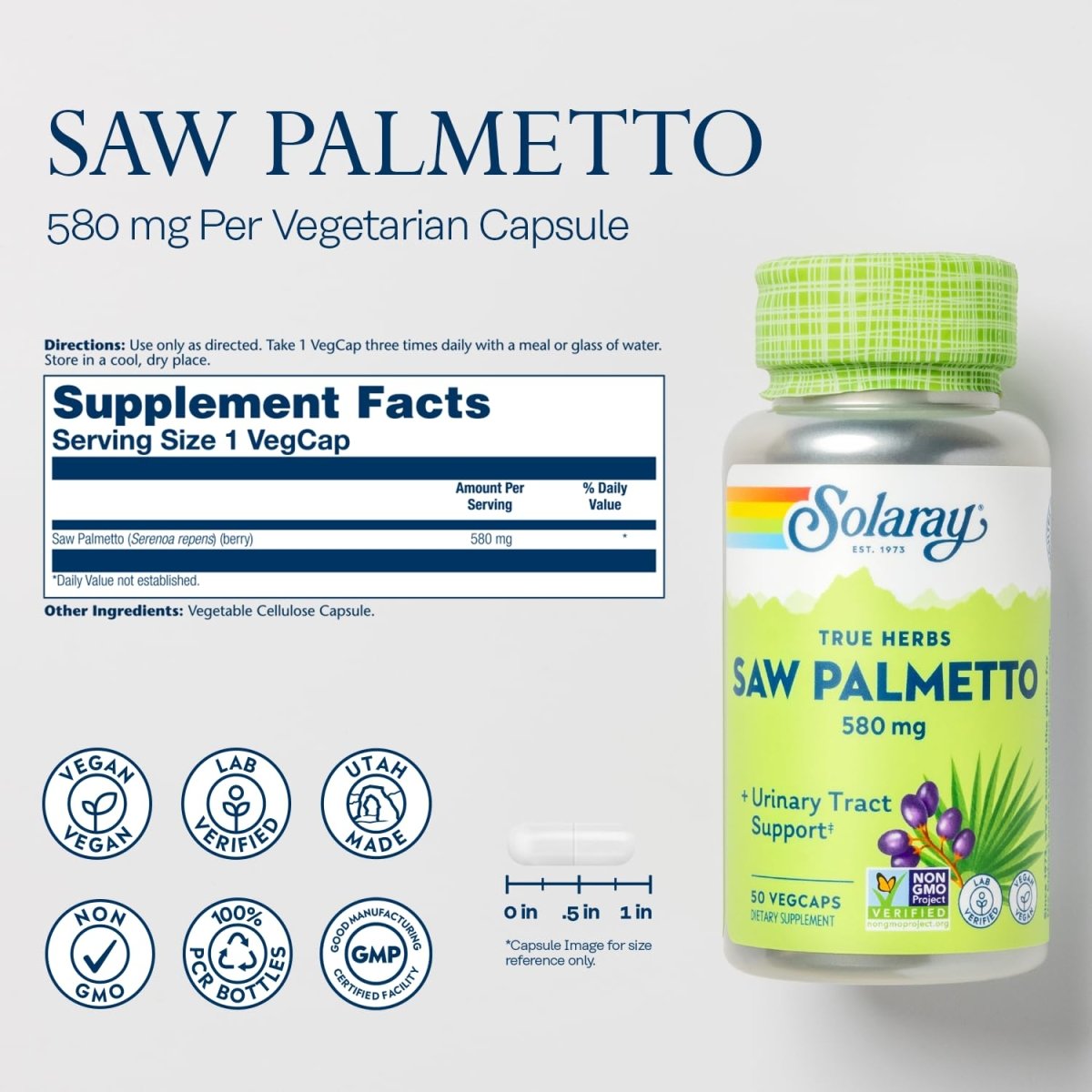 SOLARAY Saw Palmetto Berry 580 mg, Healthy Prostate and Urinary Tract Support from Fatty Acids & Plant Sterols for Men and Women, Non-GMO, Vegan & Lab Verified, 50 VegCaps, 50 Servings